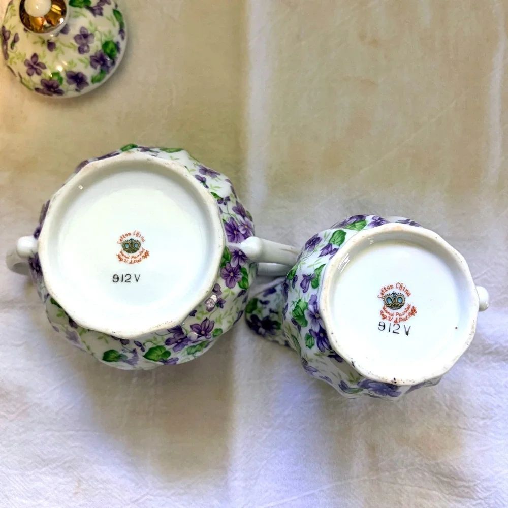 Lefton China Violets Sugar and Creamer Set 912V Vintage Hand Painted Gold Trim